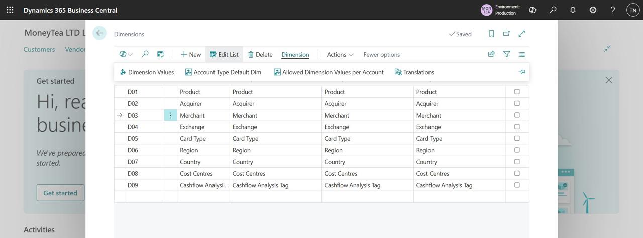 The Dimensions list: Product, Acquirer, Merchant, Exchange, Card Type, Cost Centres and the Dimension Values button