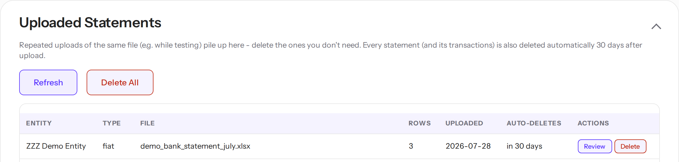 Uploaded statements list